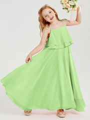 Abiti Damigella Junior Lunghi In Chiffon Spalline Sottili Con Fiocco Salvia