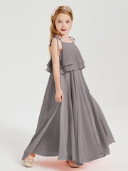 Abiti Damigella Junior Lunghi In Chiffon Spalline Sottili Con Fiocco Argento