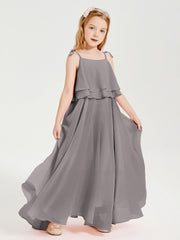 Abiti Damigella Junior Lunghi In Chiffon Spalline Sottili Con Fiocco Argento