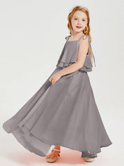 Abiti Damigella Junior Lunghi In Chiffon Spalline Sottili Con Fiocco Argento