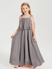 Abiti Damigella Junior Lunghi In Chiffon Spalline Sottili Con Fiocco Argento