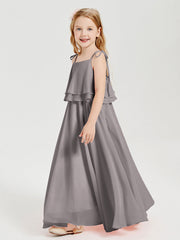 Abiti Damigella Junior Lunghi In Chiffon Spalline Sottili Con Fiocco Argento