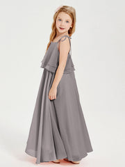 Abiti Damigella Junior Lunghi In Chiffon Spalline Sottili Con Fiocco Argento