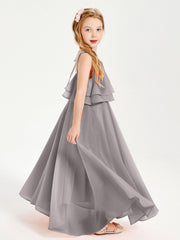 Abiti Damigella Junior Lunghi In Chiffon Spalline Sottili Con Fiocco Argento
