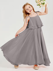 Abiti Damigella Junior Lunghi In Chiffon Spalline Sottili Con Fiocco Argento
