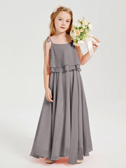 Abiti Damigella Junior Lunghi In Chiffon Spalline Sottili Con Fiocco Argento
