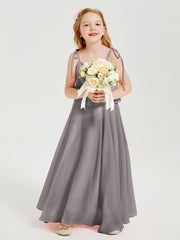Abiti Damigella Junior Lunghi In Chiffon Spalline Sottili Con Fiocco Argento