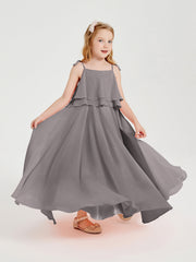 Abiti Damigella Junior Lunghi In Chiffon Spalline Sottili Con Fiocco Argento