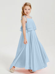 Abiti Damigella Junior Lunghi In Chiffon Spalline Sottili Con Fiocco Blu Cielo