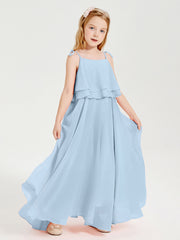 Abiti Damigella Junior Lunghi In Chiffon Spalline Sottili Con Fiocco Blu Cielo