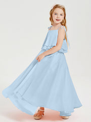 Abiti Damigella Junior Lunghi In Chiffon Spalline Sottili Con Fiocco Blu Cielo