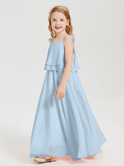 Abiti Damigella Junior Lunghi In Chiffon Spalline Sottili Con Fiocco Blu Cielo