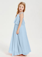Abiti Damigella Junior Lunghi In Chiffon Spalline Sottili Con Fiocco Blu Cielo