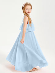 Abiti Damigella Junior Lunghi In Chiffon Spalline Sottili Con Fiocco Blu Cielo