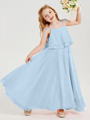 Abiti Damigella Junior Lunghi In Chiffon Spalline Sottili Con Fiocco Blu Cielo