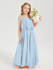 Abiti Damigella Junior Lunghi In Chiffon Spalline Sottili Con Fiocco Blu Cielo