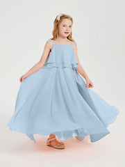 Abiti Damigella Junior Lunghi In Chiffon Spalline Sottili Con Fiocco Blu Cielo