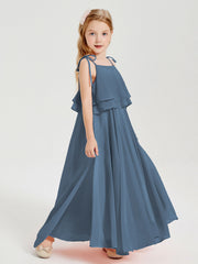 Abiti Damigella Junior Lunghi In Chiffon Spalline Sottili Con Fiocco Blu Ardesia