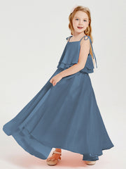 Abiti Damigella Junior Lunghi In Chiffon Spalline Sottili Con Fiocco Blu Ardesia