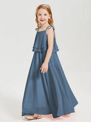 Abiti Damigella Junior Lunghi In Chiffon Spalline Sottili Con Fiocco Blu Ardesia