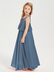 Abiti Damigella Junior Lunghi In Chiffon Spalline Sottili Con Fiocco Blu Ardesia