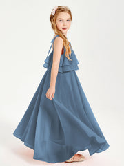 Abiti Damigella Junior Lunghi In Chiffon Spalline Sottili Con Fiocco Blu Ardesia