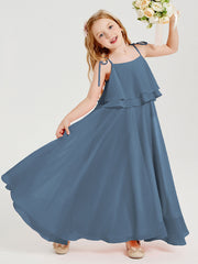 Abiti Damigella Junior Lunghi In Chiffon Spalline Sottili Con Fiocco Blu Ardesia