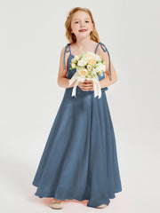 Abiti Damigella Junior Lunghi In Chiffon Spalline Sottili Con Fiocco Blu Ardesia