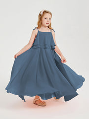 Abiti Damigella Junior Lunghi In Chiffon Spalline Sottili Con Fiocco Blu Ardesia