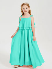 Abiti Damigella Junior Lunghi In Chiffon Spalline Sottili Con Fiocco Azzurro Spa