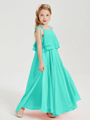 Abiti Damigella Junior Lunghi In Chiffon Spalline Sottili Con Fiocco Azzurro Spa