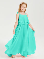 Abiti Damigella Junior Lunghi In Chiffon Spalline Sottili Con Fiocco Azzurro Spa