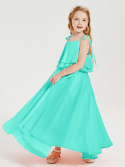 Abiti Damigella Junior Lunghi In Chiffon Spalline Sottili Con Fiocco Azzurro Spa