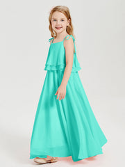 Abiti Damigella Junior Lunghi In Chiffon Spalline Sottili Con Fiocco Azzurro Spa