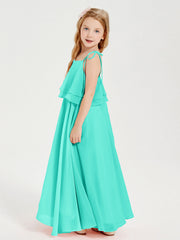 Abiti Damigella Junior Lunghi In Chiffon Spalline Sottili Con Fiocco Azzurro Spa