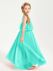 Abiti Damigella Junior Lunghi In Chiffon Spalline Sottili Con Fiocco Azzurro Spa