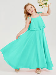 Abiti Damigella Junior Lunghi In Chiffon Spalline Sottili Con Fiocco Azzurro Spa