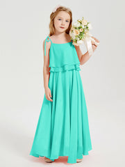 Abiti Damigella Junior Lunghi In Chiffon Spalline Sottili Con Fiocco Azzurro Spa