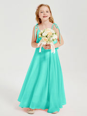 Abiti Damigella Junior Lunghi In Chiffon Spalline Sottili Con Fiocco Azzurro Spa
