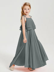 Abiti Damigella Junior Lunghi In Chiffon Spalline Sottili Con Fiocco Grigio Acciaio