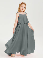 Abiti Damigella Junior Lunghi In Chiffon Spalline Sottili Con Fiocco Grigio Acciaio
