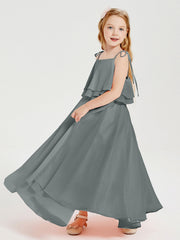Abiti Damigella Junior Lunghi In Chiffon Spalline Sottili Con Fiocco Grigio Acciaio