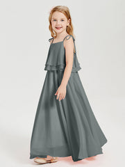 Abiti Damigella Junior Lunghi In Chiffon Spalline Sottili Con Fiocco Grigio Acciaio