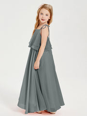 Abiti Damigella Junior Lunghi In Chiffon Spalline Sottili Con Fiocco Grigio Acciaio