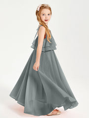 Abiti Damigella Junior Lunghi In Chiffon Spalline Sottili Con Fiocco Grigio Acciaio
