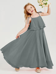 Abiti Damigella Junior Lunghi In Chiffon Spalline Sottili Con Fiocco Grigio Acciaio