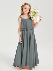 Abiti Damigella Junior Lunghi In Chiffon Spalline Sottili Con Fiocco Grigio Acciaio