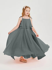 Abiti Damigella Junior Lunghi In Chiffon Spalline Sottili Con Fiocco Grigio Acciaio