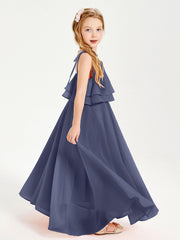 Abiti Damigella Junior Lunghi In Chiffon Spalline Sottili Con Fiocco Tempesta