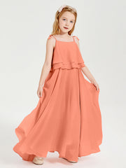 Abiti Damigella Junior Lunghi In Chiffon Spalline Sottili Con Fiocco Tramonto